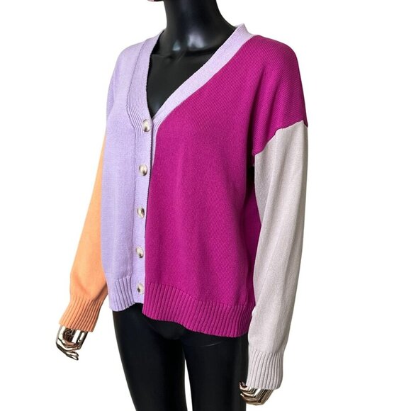 Easel Color Block Cardigan Lilac Peach Magenta Button Front Sweater NWT Small - Picture 5 of 12